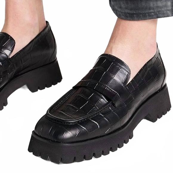 Freda Salvador Black Textured Leather Lug Sole Loafers - Picture 3 of 4